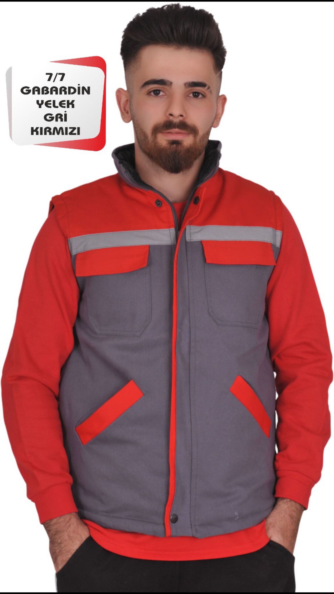 Gabardin Yelek Gri Kırmızı Renk