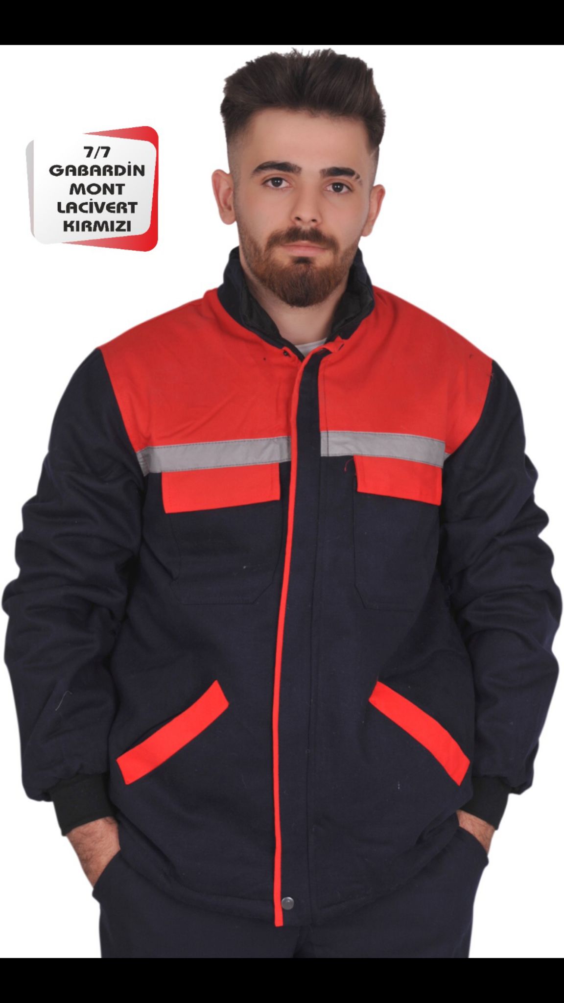 Gabardin İş Montu Lacivert Kırmızı Modelli Renk 
